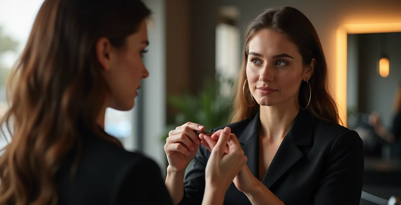 Coloriste expert examinant une mèche de cheveux avec attention