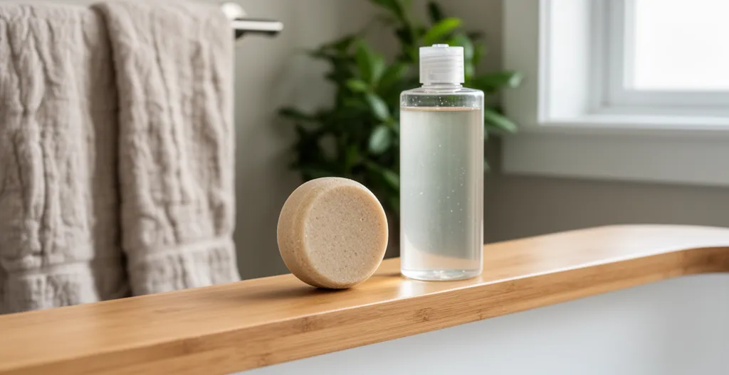 Shampoing solide beige posé à côté d'un flacon de shampoing liquide sur rebord de baignoire