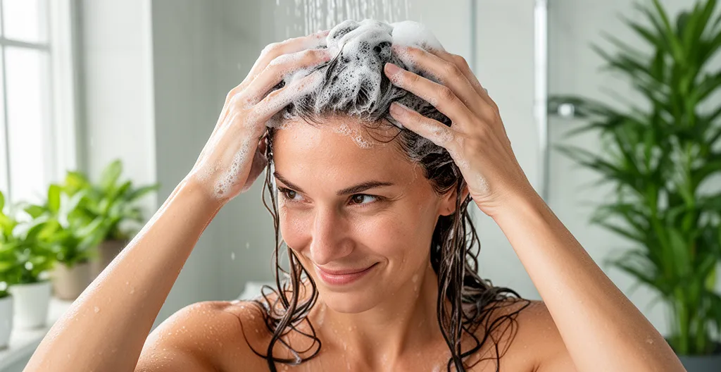 Femme massant son cuir chevelu sous la douche avec de la mousse dans les cheveux