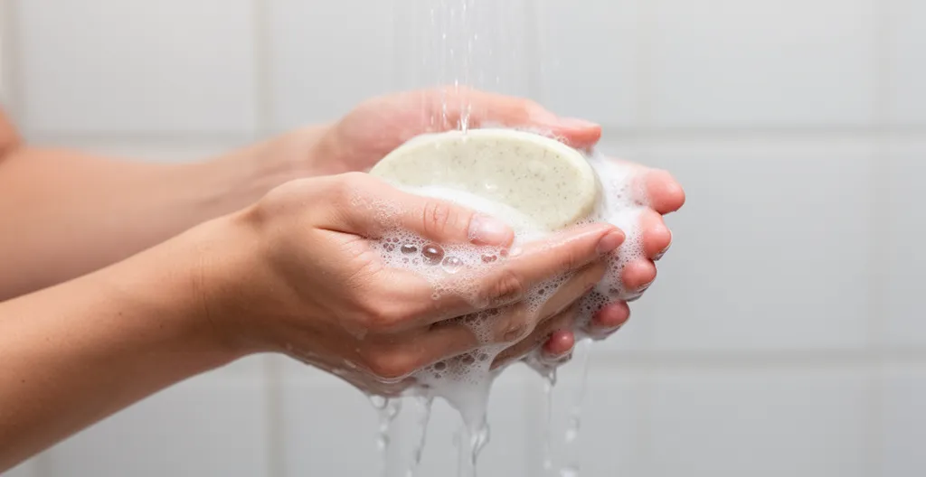 Mains féminines frottant un pain de shampoing solide sous un filet d'eau avec mousse crémeuse