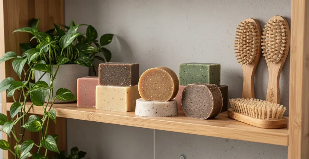 Collection de shampoings solides colorés sur étagère bois avec plantes salle de bain zéro déchet