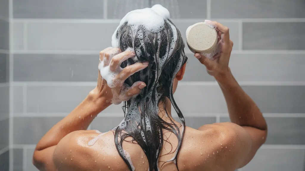 Femme appliquant un shampooing solide sur ses cheveux mouillés sous la douche