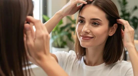 Femme aux cheveux brillants passant la main dans sa chevelure devant un miroir de salle de bain