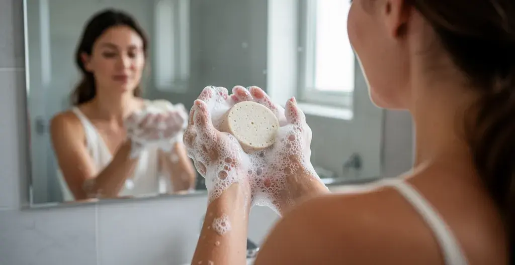 Femme créant de la mousse de shampoing solide dans ses paumes vue over-shoulder
