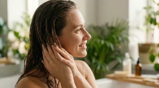 Femme passant la main dans ses cheveux mouillés près d'un shampoing solide naturel