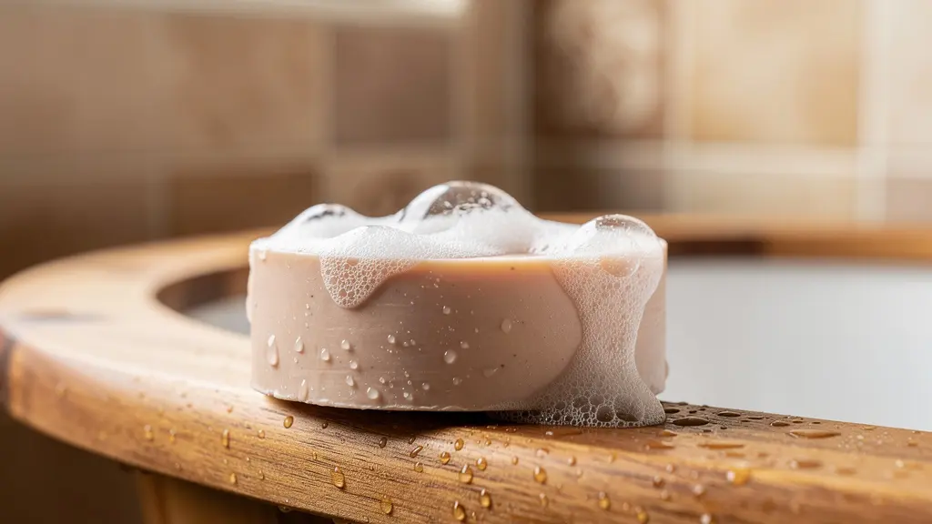 Pain de shampooing solide artisanal avec mousse sur rebord de baignoire en bois