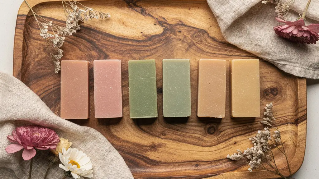 Plusieurs pains de shampooing solide de couleurs naturelles alignés sur plateau en bois