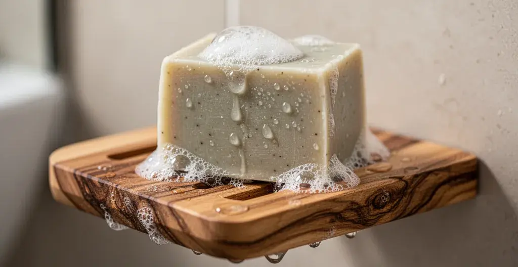 Shampoing solide naturel posé sur porte-savon en bois avec gouttes d'eau