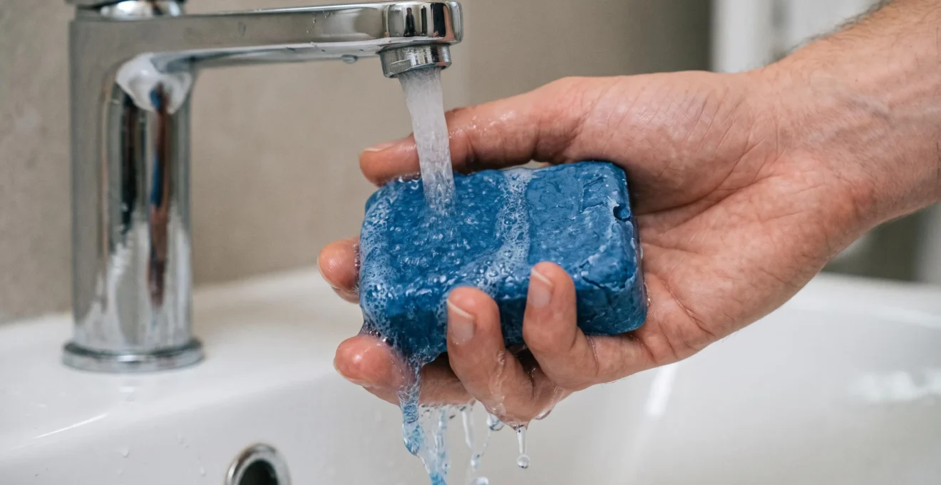 Main tenant un shampoing solide bleu sous l'eau courante du robinet créant de la mousse naturelle