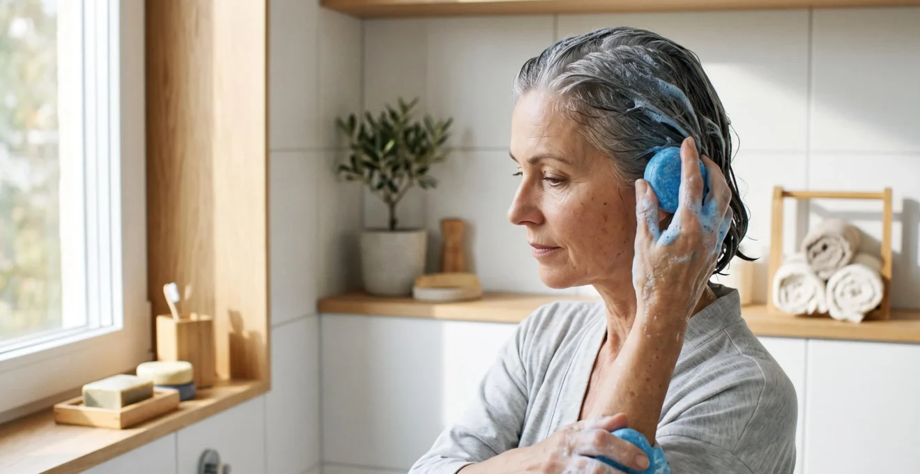 Femme aux cheveux gris appliquant un shampoing solide bleu sur ses cheveux mouillés dans une salle de bain naturelle