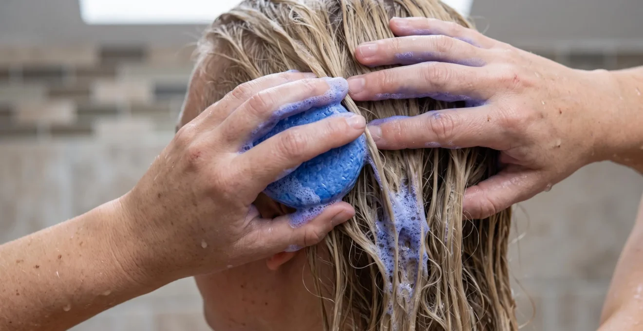 Gros plan sur des mains appliquant un shampoing solide bleu créant une mousse violacée sur des cheveux blonds mouillés