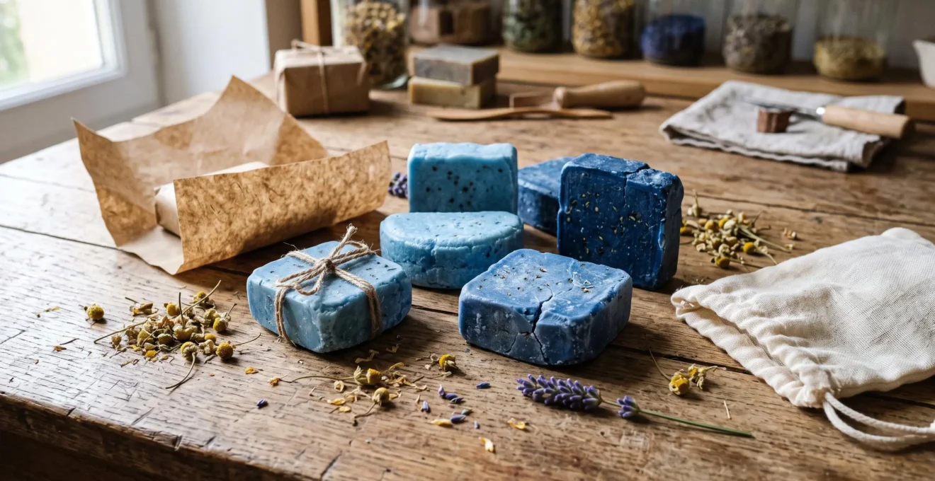 Shampoings solides bleus artisanaux disposés sur une surface en bois avec emballages écologiques en papier kraft et tissu naturel